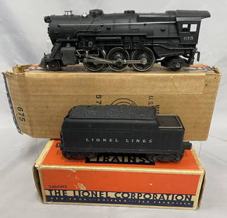 Super Boxed Early Lionel 675 Steam Loco: risen with nickel stack and heat-stamped boiler front; 2466WX tender. Fantastic satin patin, showing test run wheels with nice boxes, no loco insert. WOW!