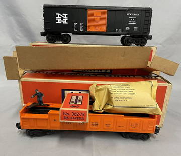 NMINT Boxed Lionel 3562-75 & 6464-425 Freights: Includes a 3562-75 orange barrel car, sealed packet with -78 box, insert, car is UNRUN(no bin). 6464-425 NH Boxcar, full serif type III body with Timken Trucks, circa 1958. UNRUN with late 