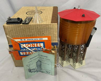 Clean Boxed Lionel 38 Pumping Water Tank: Clean with intact brown super structure, painted roof with finial. The hoses are brittle and the side spigot is off cleanly, motor is clean. It has its funnel, instructions, 96C, contractor and 