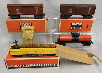 4 Clean Lionel Freight Cars, 3 Boxed: Includes a 3562-50 yellow unpainted barrel car with partial packet, barrels box insert; 6454 SP boxcar, broken herald version; 6454 Erie Boxcar, all obs; 6315 Gulf Chemical tank car. All show 