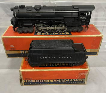 Super Boxed 1946 Lionel 2020 Turbine: Great clean stain patina with awesome lettering, reverse in cab with no slot, heat-stamped boiler front, wheels and rollers are unrun; 2020W tender(unmarked) with unrun wheels and rollers. 