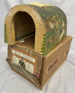 Boxed early Lionel 120 Tunnel: Hand-painted brass with houses on each side. It would benefit from a light cleaning and shows light playwear with better than average box.