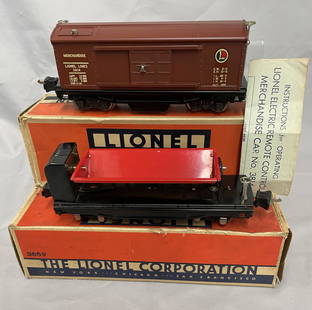 Clean Boxed Lionel 3814 & 3859 Operating Cars: Includes a 3814 operating Merchandise Car, early decals version with instructions, â€™38 couplers; 3859 coal dump car, â€™38 couplers. They show light use with tapes boxes.