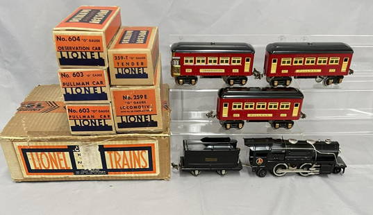 Super Boxed Lionel 259E Set 242E: Consignorâ€™s original set!! 1934. Includes a mixed trim 259E steam Loco; nickel 259T tender; 2 #603 Pullmans; 604 observation. Set is immaculate, showing very light use with clean, machining