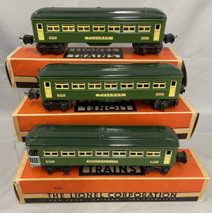 Super Boxed 1939 Lionel 2640 Passenger Cars: Includes 2 #2640 Pullmans; 2641 observation. They are like new with 1939 shielded couplers and clean, but incomplete boxes. Nice cars!