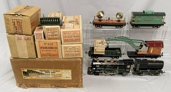 Super Boxed Lionel Work Train Set 240E: 1933 Version with green stripe 260E; matching 260T Vanderbilt ten per; 812 gondola with empty over-labeled box for 812T; 810 crane; 820 searchlight; 817 caboose; all are clean and shiny, showing