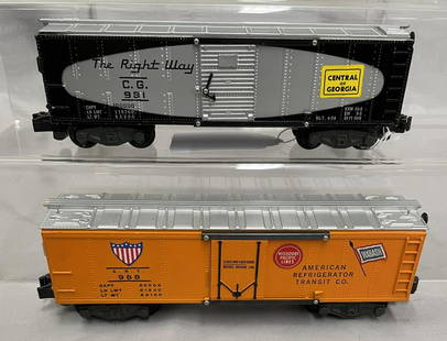 Nice American Flyer 988 & 981 Freight Cars: S Ga. Includes a 988 ART reefer, nice stickers and decals, brake wheel is present, minor roof rubs; 981 C of G Boxcar, gloss version with nice decals and intact brake wheel & latch nibs. They show