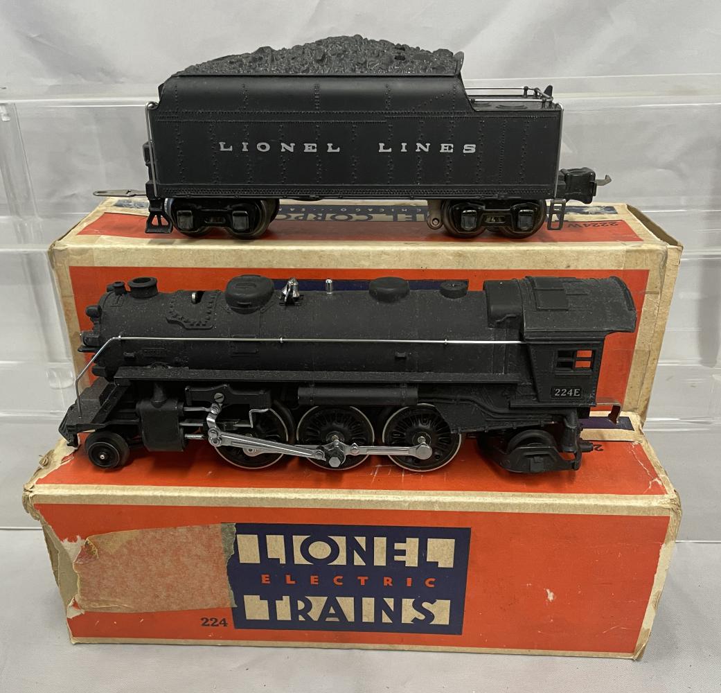 Nice Boxed 1939 Lionel 224E Steam Loco: Nice stain patina with bright rods, matching 2224W die cast whistling tender, equipped with shielded 1939 coupler. They show test run wheels with worn boxes, locoâ€™s is a late 224 with inserts,