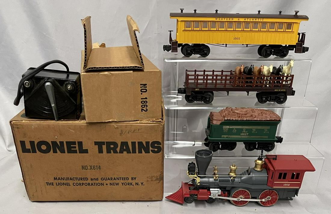 Unusual Boxed Lionel Uncataloged Set X614: Circa 1964(As consignor presented). Includes a boxed 1862 General Loco; 1877 Flat With Horses; 1866 Coach with transformer. All are clean, showing light use with set box, 1 flap warn, 1 flap loose.