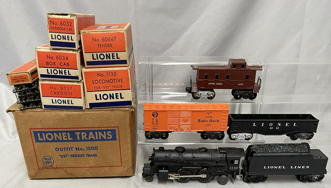 Nice Boxed Lionel 1130 Set 1500: Circa 1953. Includes an 1130 plastic steam loco; 6066T tenderloin 6032 gondola; 6034 Boxcar; 6037 caboose. All show light use with nice boxes, track, 6009 and nice set box.