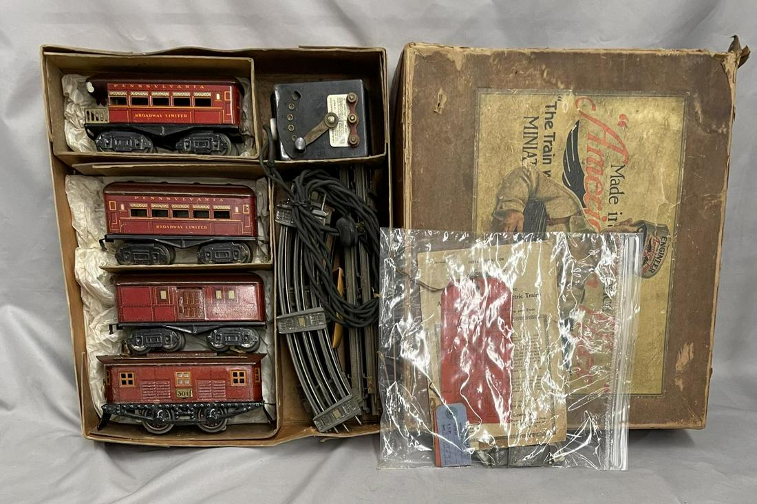 Boxed American Flyer Broadway Limited Set 1217: Circa 1929. Includes a 2011 Box cab electric; (1205) Baggage; (1206) Broadway ltd Coach; (1206) Broadway ltd Observation. The loco show some heat damage to finish, rest show light to moderate playwear
