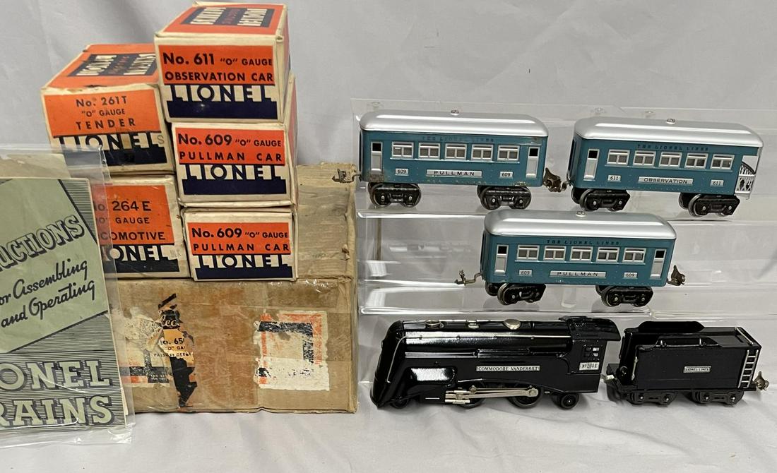 Boxed Lionel 265E Set 6500: Circa 1936. Includes a 265E Vanderbilt steam Loco with 261T tender, restored withy texture 2 #609 Pullmans; 611 Observation, roofed nicely restored, car sides have a few light oxidation spots. Include