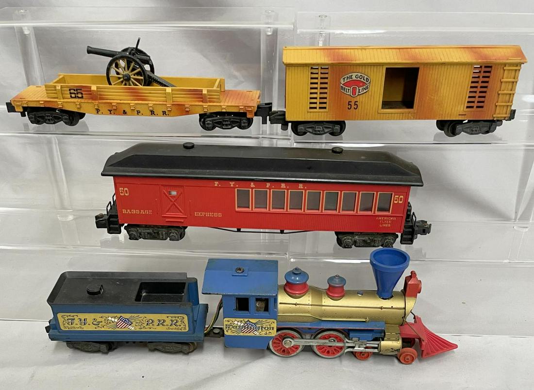 American Flyer Washington Set: S Gauge. Includes a (21089) Washington steam loco with nice stickers; 23055 Gold Ruch Boxcar(correct with metal trucks); 23065 Flat with correct Japanese diecast cannon, missing loop & hold-down; 2475
