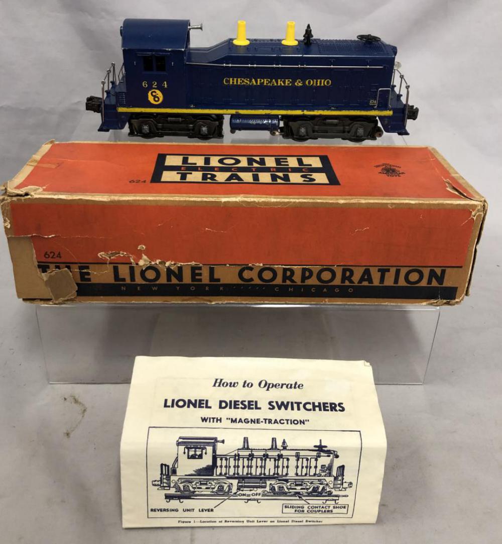 Clean Boxed Lionel 624 C&O NW2 Diesel: It has a nice semi gloss finish with 98% decals intact. It lost the antenna tip and has a few rubs here and there, showing light run time with instructions and worn box.