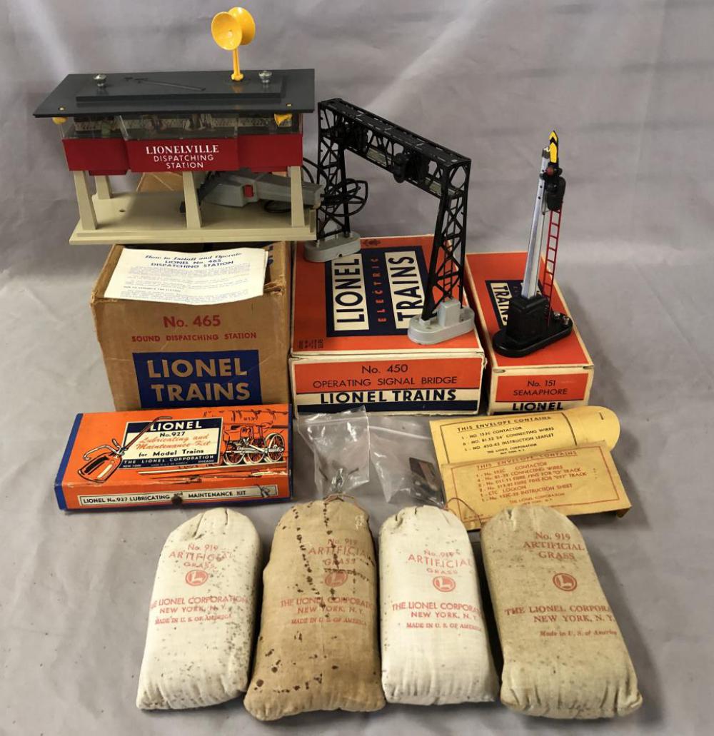 9 Boxed Lionel Accessories: Includes a 151 Semaphore, LN with empty envelope and instructions; 450 Signal Bridge LN with empty envelope and instructions; 465 Dispatch Station, lightly used with microphone and accessories, instru