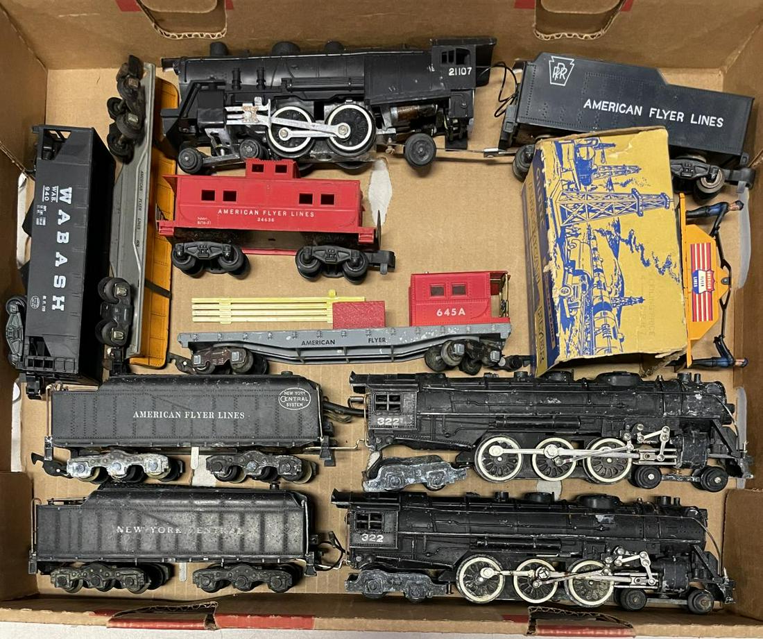 American Flyer Train Lot, TLC: S Gauge. Includes Includes 322 AFL & 322 NYC Hudsons; 21107 PRR Atlantic; 940; 24636; 645A , 609 & boxed 740. All have issues, some major, so examine closely. Sold AS-IS. From The Collection Of Frank 