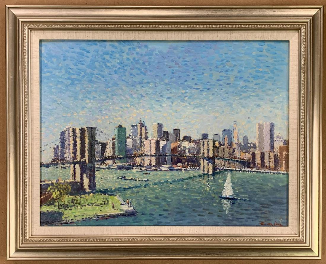 Niek Van der Plas, "Brooklyn Bridge", Oil on Board: Niek Van der Plas (b. 1954, Netherlands). Signed lower right. Image size seen approx. 15-1/2" x 11", overall frame size approx. 19-1/2" x 15-1/2". Frame may have wear/damage.