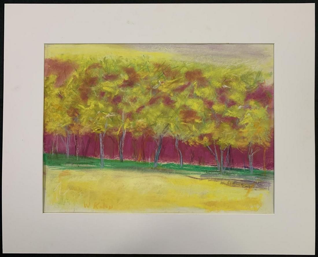 Wolf Kahn, Signed Pastel on Paper, Yellow Trees: Offered is a pastel on paper (sketch pad) drawing by Wolf Kahn (1927 - 2020, New York/Vermont/Germany). Titled "Yellow Trees Against Magenta", signed "W Kahn" at the lower left. Image size approx. 17"