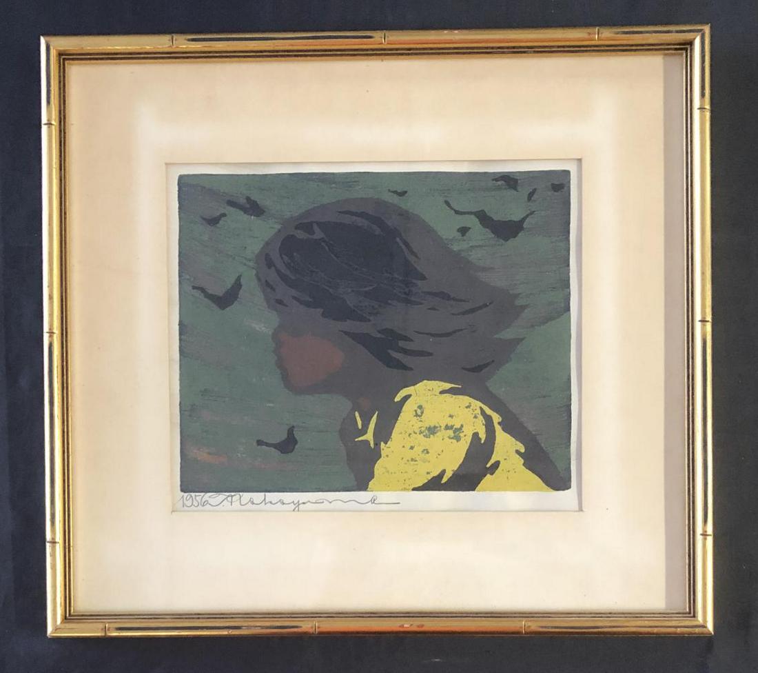 Tadashi Nakayama, "Girl in the Wind", Woodblock: Tadashi Nakayama (b. 1927, Japan) "Girl in the Wind", Woodblock Print. Signed and dated 1956 in pencil. Not numbered. Good condition, light toning to matte. Sight seen approx. 9-1/2" x 8-1/2", overall