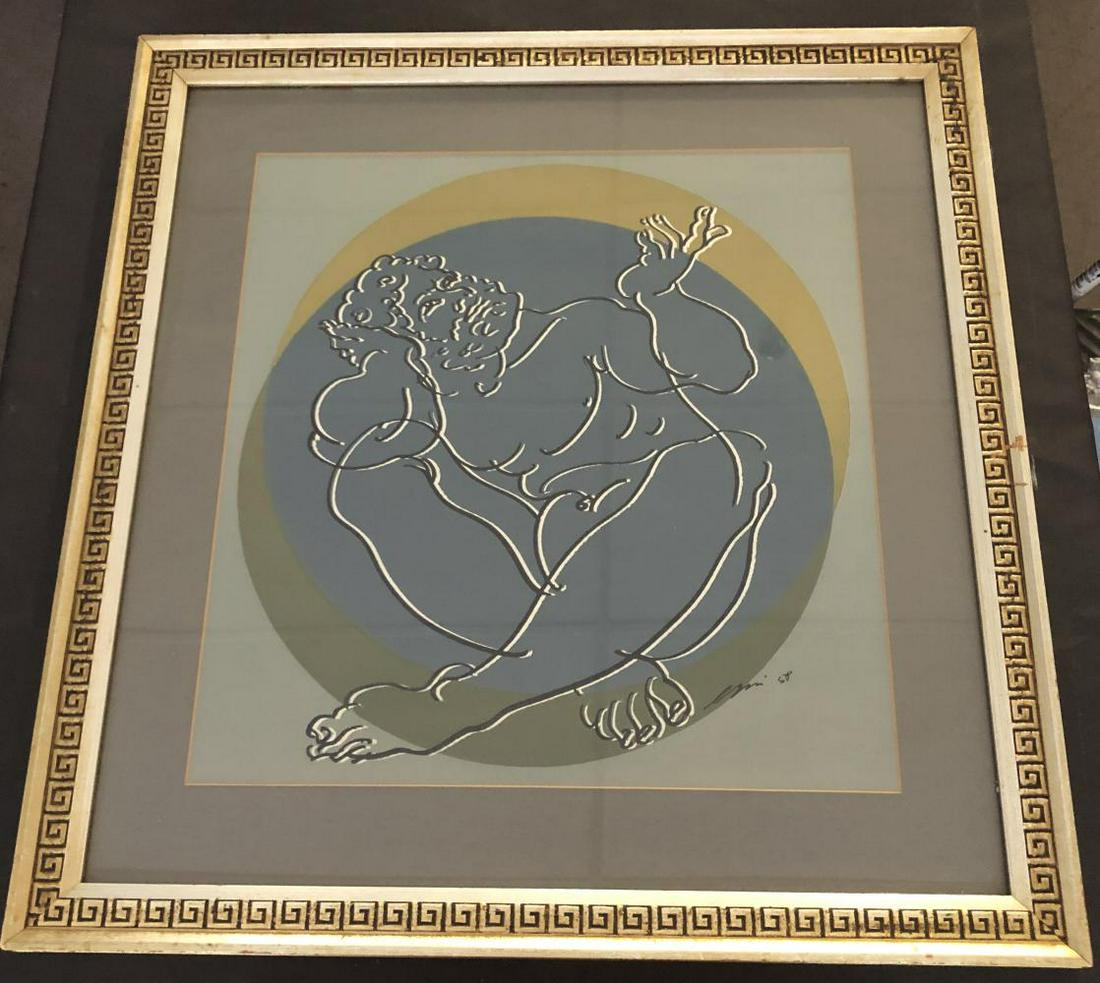 Hans Erni, Male Nude Lithograph/Print: Hans Erni (1909 - 2015). Print depicting a male nude. Signed in the plate. Image size seen approx. 17" x 18", overall frame size approx. 25" x 26". Frame may show wear/damage. This is being sold on be