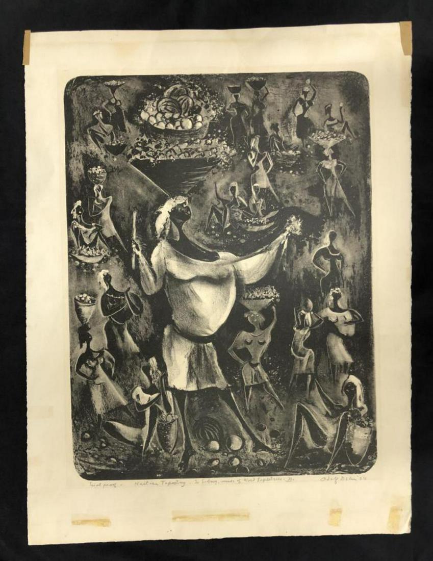 Adolf Dehn Etching, Trial Proof Haitian Tapestry: Original etching by Adolf Arthur Dehn (1895 - 1968). Handwritten in pencil along the bottom edge "Trial Proof - Haitian Tapestry" with dedication "To Sidney, Weaver of Word Tapestries". Pencil signed