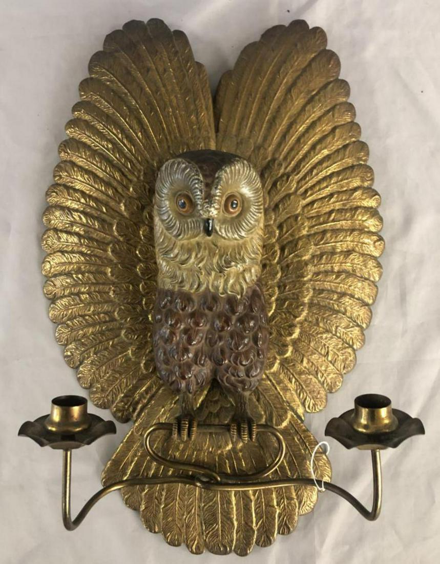 Painted Cast Iron and Gilt Tin Owl Wall Sconce. (1 of 3)