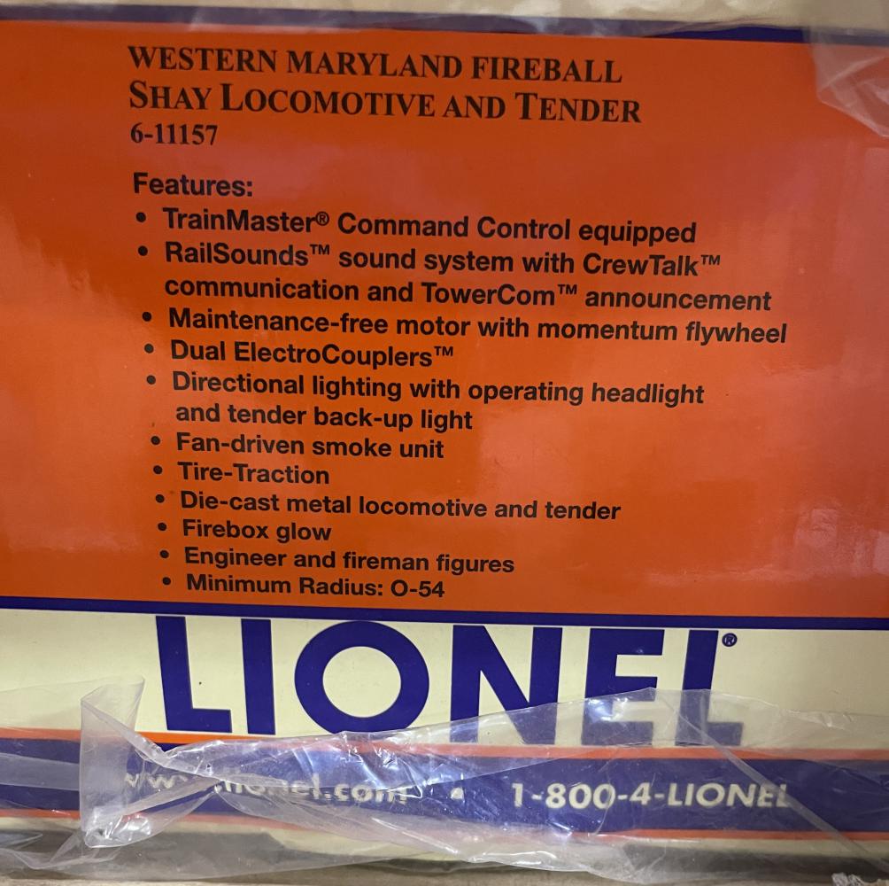 Lionel 11157 WM Fireball 3-Truck Shay: 054. Nice Lumber Shay equipped with TMCC, RailSounds with TowerCom, CrewTalk, Direction lighting, Firebox glow, Fan driven smoke and more! It shows light runtime box with shipper.