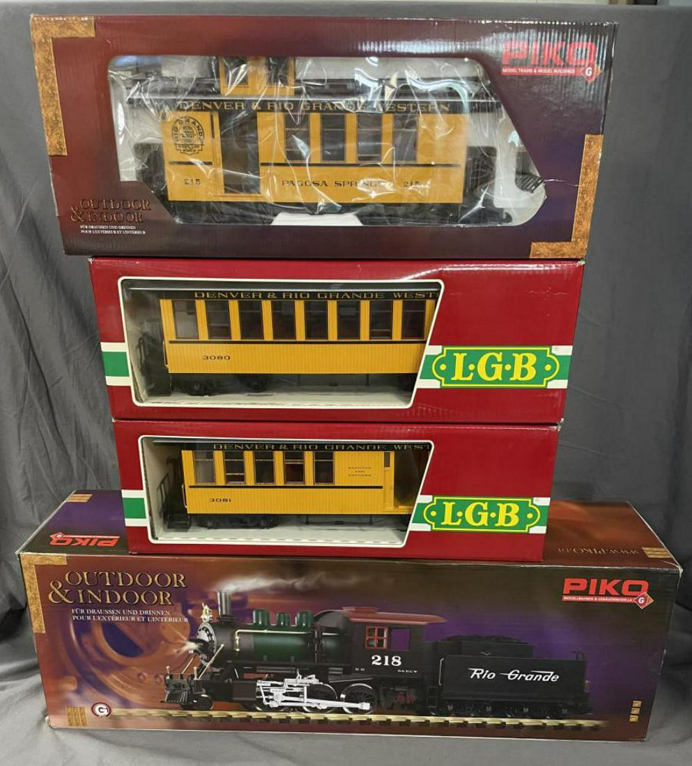 LGB Piko DRGW Set: G Gauge. Includes a Piko 38210 2-6-0 Mogul & tender; LGB 3081 Combine; 3080 coach; Piko 38602 RG Caboose. All show light use with boxes.