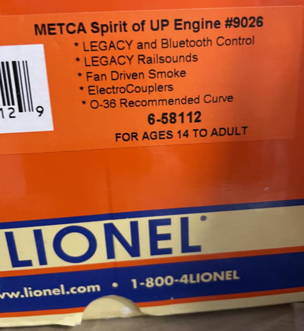 Lionel 58112 Legacy METCA Spirit of UP Diesel: Nice Legacy Diesel with Bluetooth Control, Legacy RailSounds Fan Driven smoke and more. It appears lightly run with box and shipper.