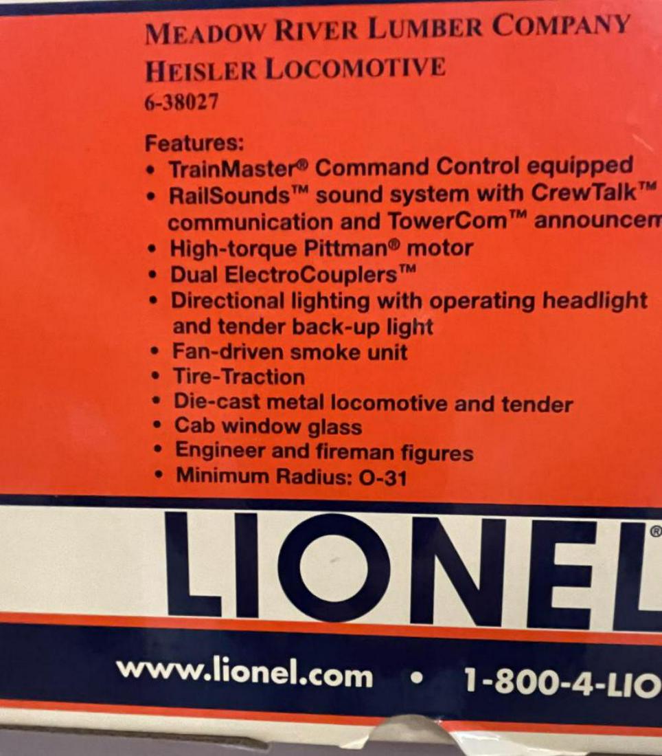 Lionel 38027 Meadow River Heisler: Nice Lumber Heisler equipped with TCC, RailSounds with TowerCom and CrewTalk, directional lighting, fan driven smoke and more! It shows light run time with set box.