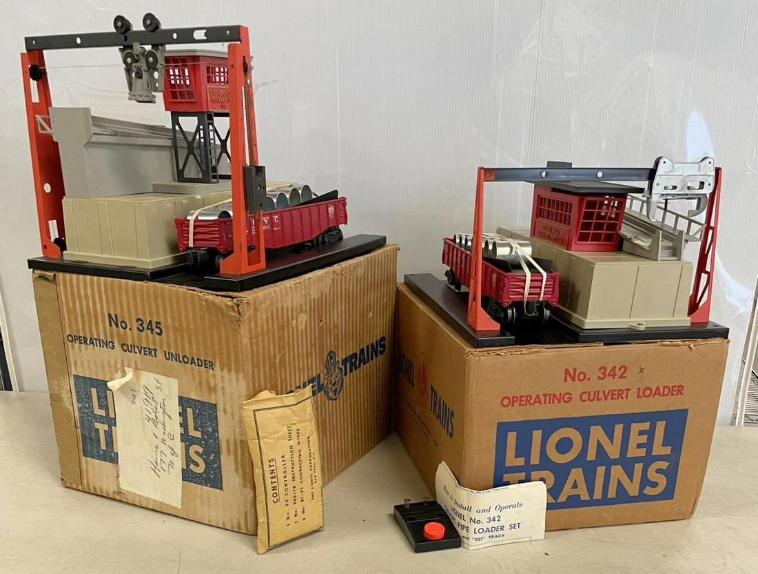 Clean Boxed Lionel 342 And 345 Culvert Accessories: Includes a 342 Loader with 6362, 90c & instructions; 345 Unloader, 1 hairline cracked railing, with 6342, repro pipes, with packet. Both otherwise shoe light playwear with boxes, 345 used as shipper.