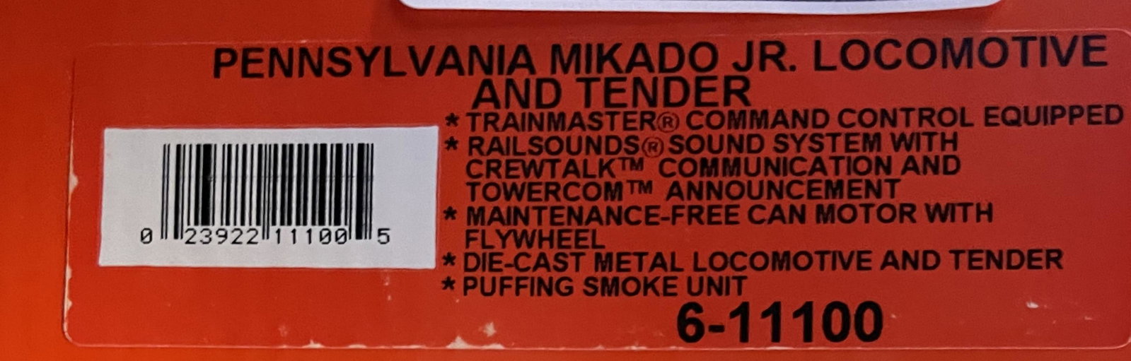 Lionel 11100 Prr Mikado Jr: Nice die cast steam loco equipped with TMCC, RailSounds with TowerCom, CrewTalk, Flywheel Drive and more. It shows light run time with set box.