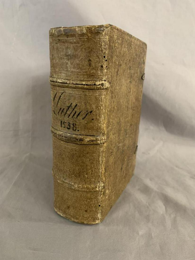 Collective Volume of Sermons by Martin Luther: Luther, Martin. Wittenberg, Johann Klug, 1538, 288 leaves, title within woodcut border. Quarto, together in contemporary blind tooled German pigskin over wooden boards, 2 clasps. Title page detached. 