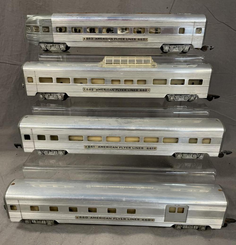4 American Flyer Aluminum Passenger Cars: S Ga. These will look great behind a 322 Hudson! Includes a 660 combine; 661 Coach; 662 Vista-dome; 663 Observation. All are fairly clean, showing light wear. From the Estate Collection of Frank Pisan