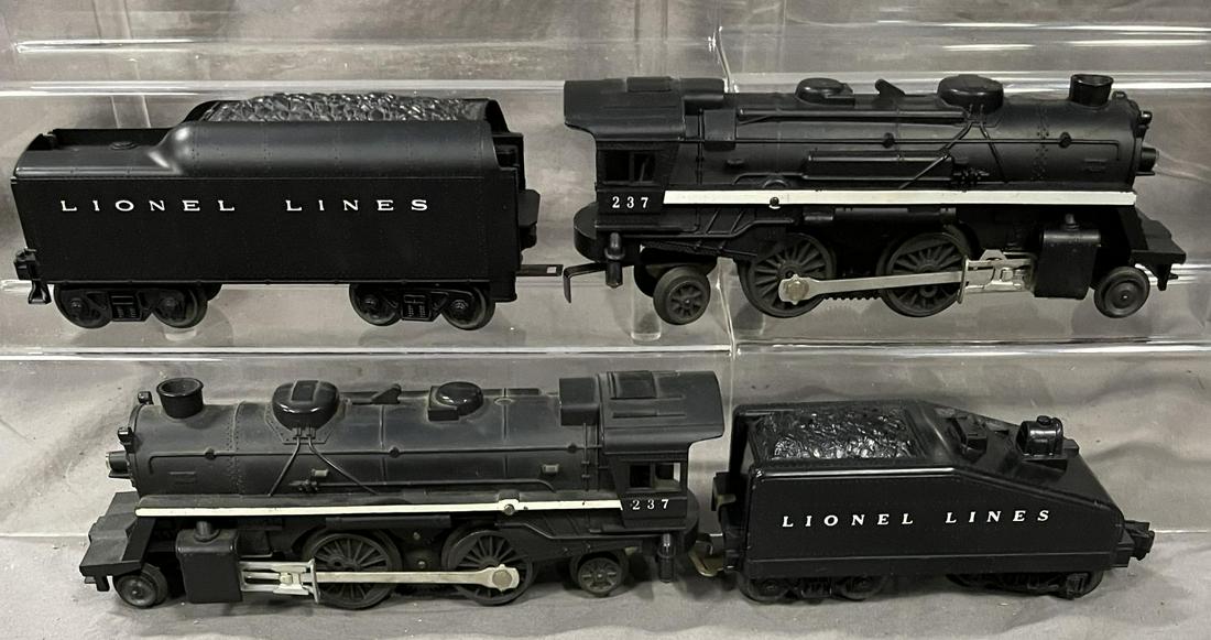 2 Varitations Lionel 237 Steam Locos: Includes thick stripe with 1060T tender; Thin stripe with 1050T slant back. Both have smoke and show light use. From the Estate Collection of Neil Padron.