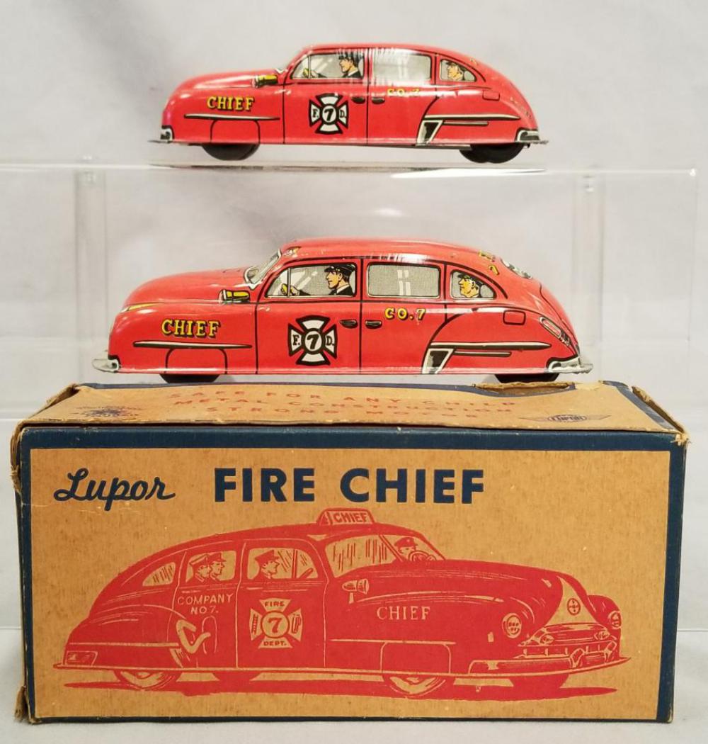 (2) Tin Litho Lupor Fire Chief Cars, 1 Boxed (1 of 7)