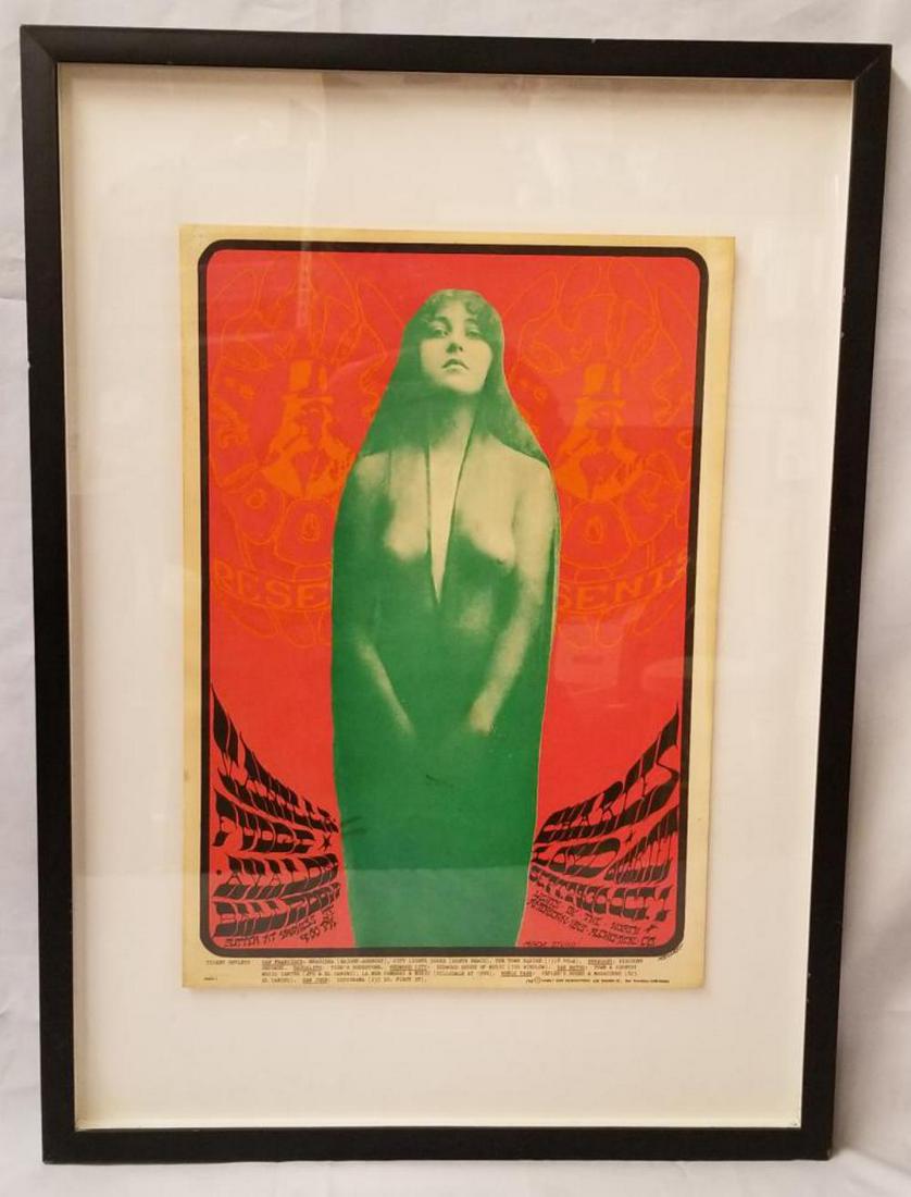 1967 Vanilla Fudge Family Dog FD 85-1 Poster: Family Dog Concert Poster, FD-85-1, September 29 - October 1, 1967. Vanilla Fudge and Charles Lloyd Quartet. Artwork by Stanley Mouse and Alton Kelley. Central image features a semi-nude Josephine Mar