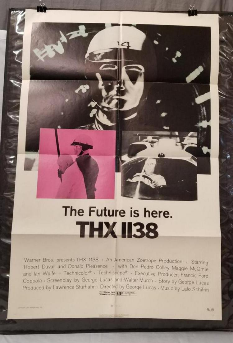 1971 THX 1138 One Sheet Poster: THX 1138 (Warner Bros, 1971). One Sheet (27" X 41"). Science Fiction. Starring Robert Duvall, Donald Pleasence, Don Pedro Colley, Maggie McOmie, and more. Directed by George Lucas. Unrestored poster w