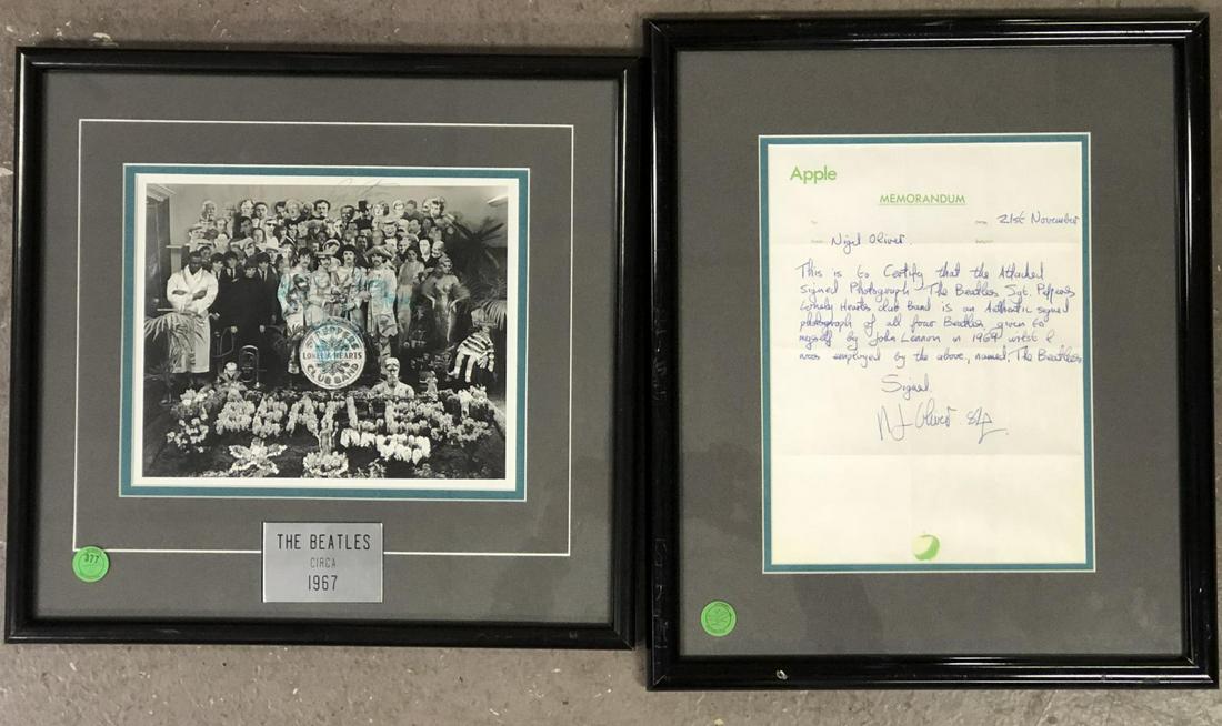 Neil Aspinall Signed Sgt. Peppers Photo & Letter: 2 piece lot, circa late 1960's. Includes a black and white Beatles Sgt. Peppers Lonely Hearts Band Photo signed by Neil Aspinall, and a hand written letter from Nigel Oliver stating that this photo is