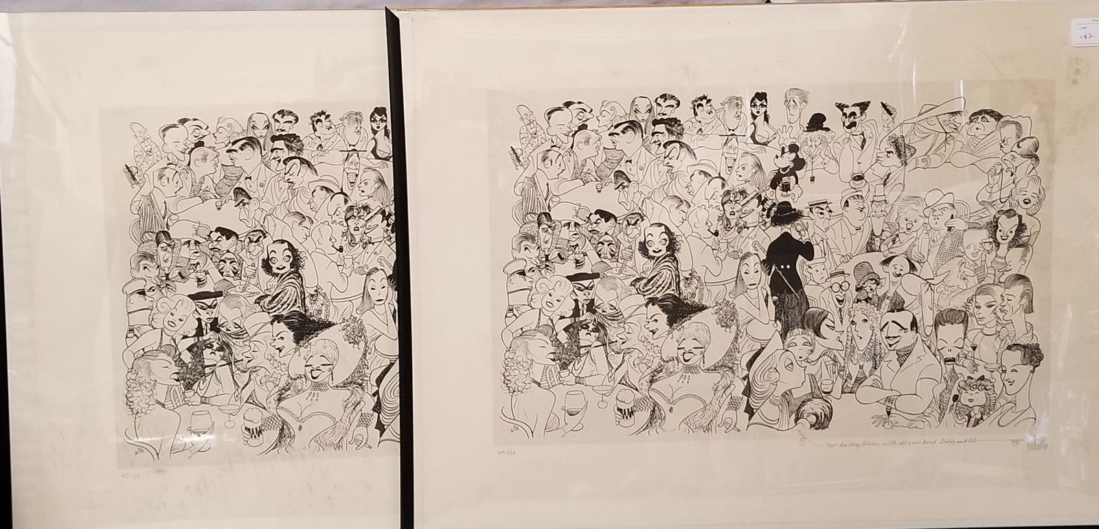 Lot of Two signed Al Hirshfeld Lithographs.: Lot of Two of the same images, celebrity compilations with both being personalized to Lillian Gish, one on her Birthday in 1987 and the other from Dolly and Al with all our love. Each 19" x 26". This
