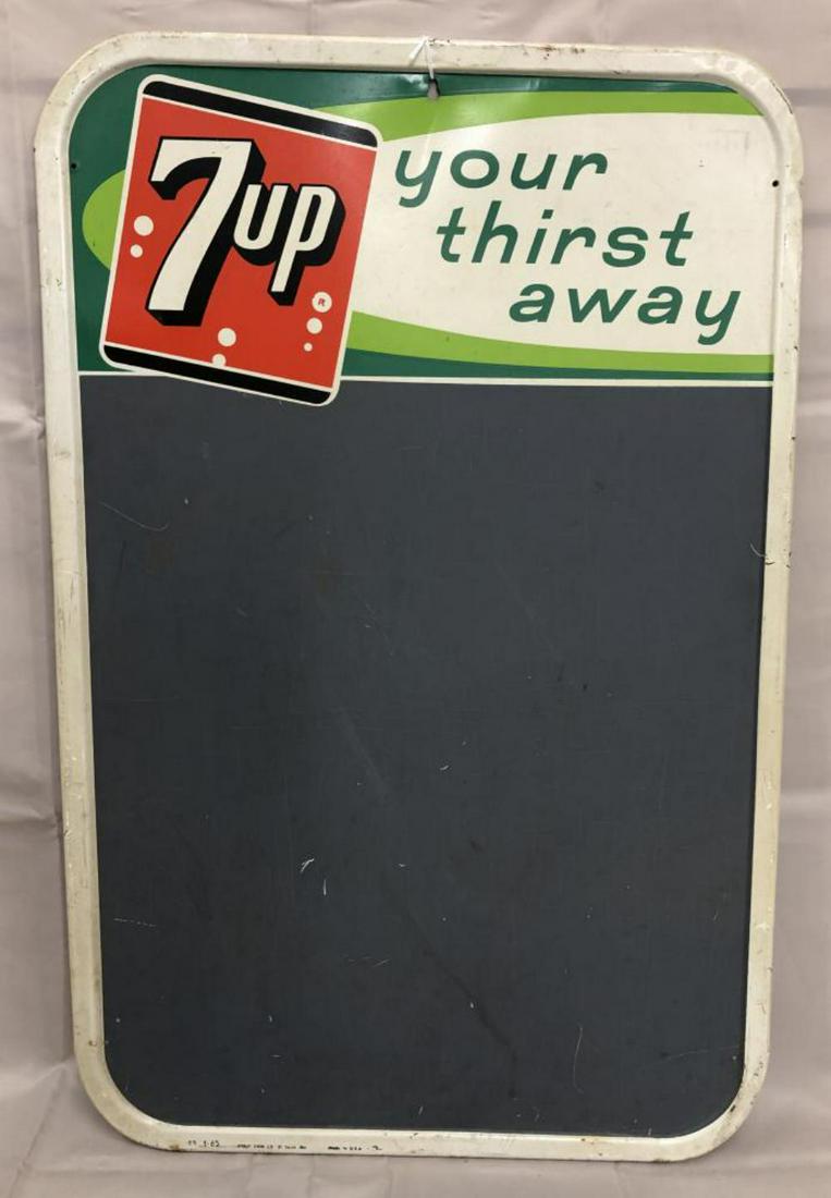 7up Your Thirst Away, Tin Lith Menu Board Sign: Circa 1965, tin lithographed, approx. 19-1/2" x 30". Stout Sign co., 1-65. Some edge wear with scuffing and scratches, some rust. Also some surface wear with scuffs and scratches as well.