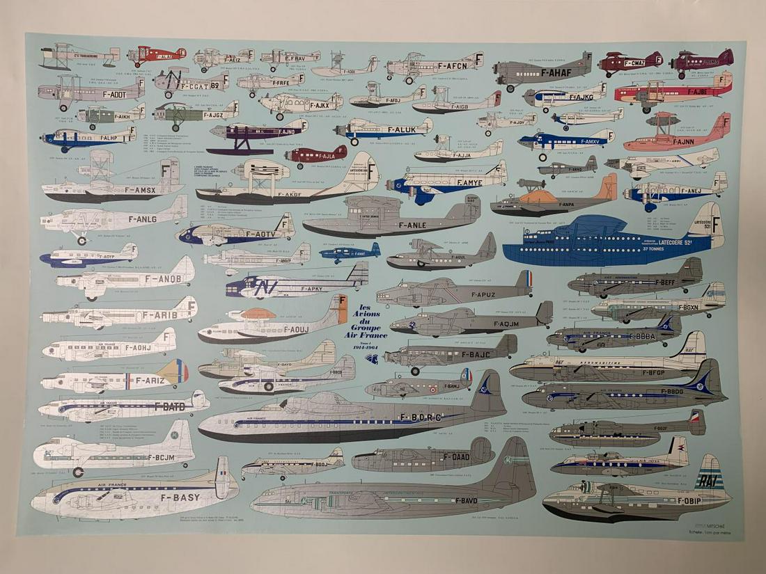 Planes of Air France Poster, Vol. 1, Mitschke: Offered is a Beautiful poster depicting "The Planes of Air France Group", Volume I, 1914-1964, titled "Les Avions du Groupe Air France", Tome I, circa 1990's. Printed in France. Artwork by Philippe Mi