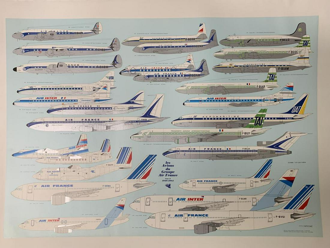 Planes of Air France Poster, Vol. 2, Mitschke: Offered is a Beautiful poster depicting "The Planes of Air France Group", Volume II, 1946-1984, titled "Les Avions du Groupe Air France", Tome II, circa 1990's. Printed in France. Artwork by Philippe 