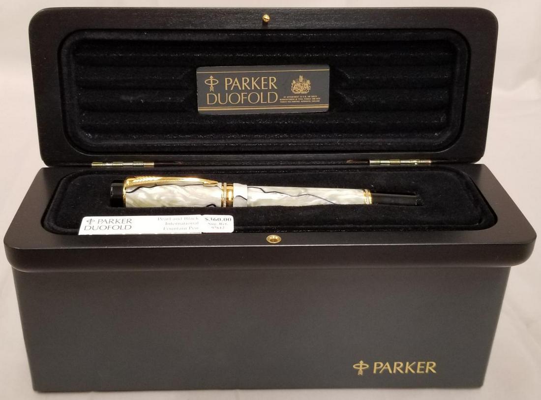 Parker Duofold International Fountain Pen - Pearl: Pearl & Black International Medium Nib - 18K Gold Nib Includes Original Box, Case, and Papers From the Estate of Joseph Callahan