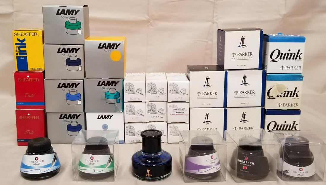 Lot of Mixed Fountain Pen Ink Parker/Lamy/Noodlers: Large lot of fountain pen inks from Parker (8), Lamy (7), Noodlers (9), and Sheaffer (9). Most inks new in box. From the Estate of Joseph Callahan