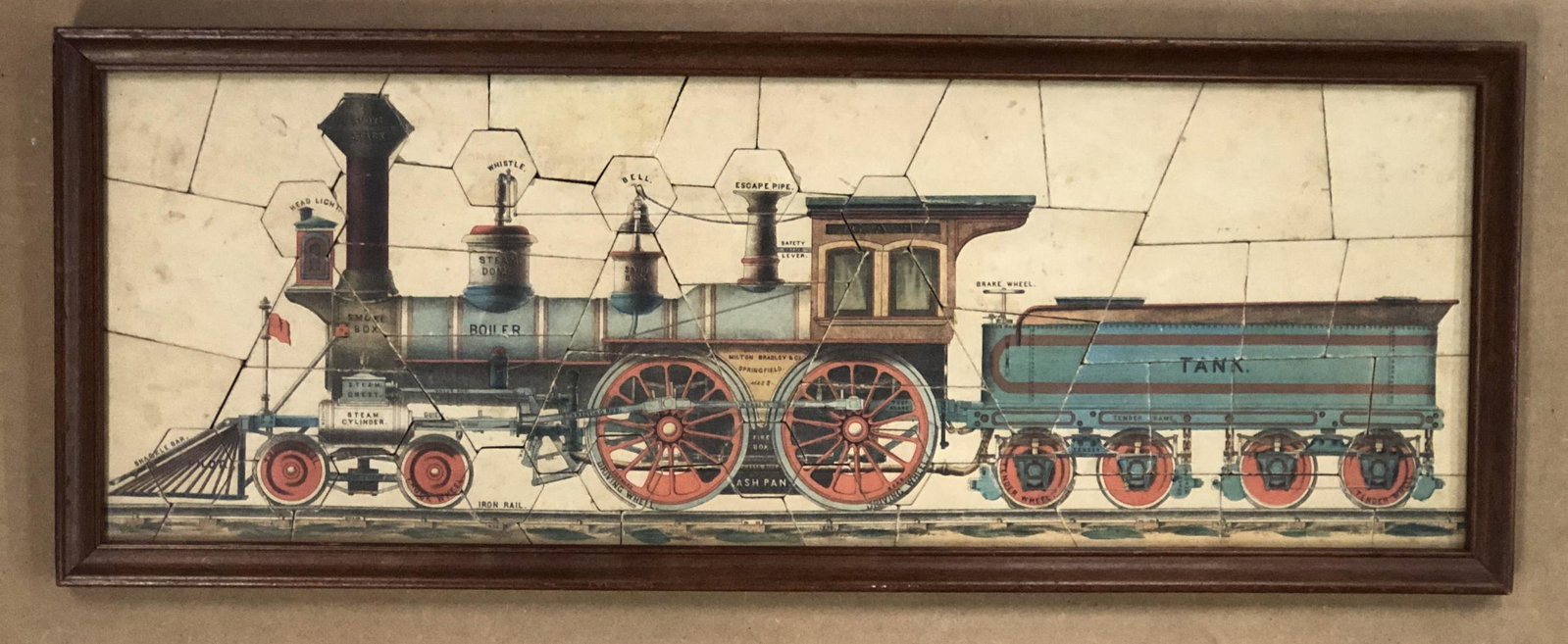 Framed 19th Century Railroad Puzzle.: 8" x 24" Milton Bradley.