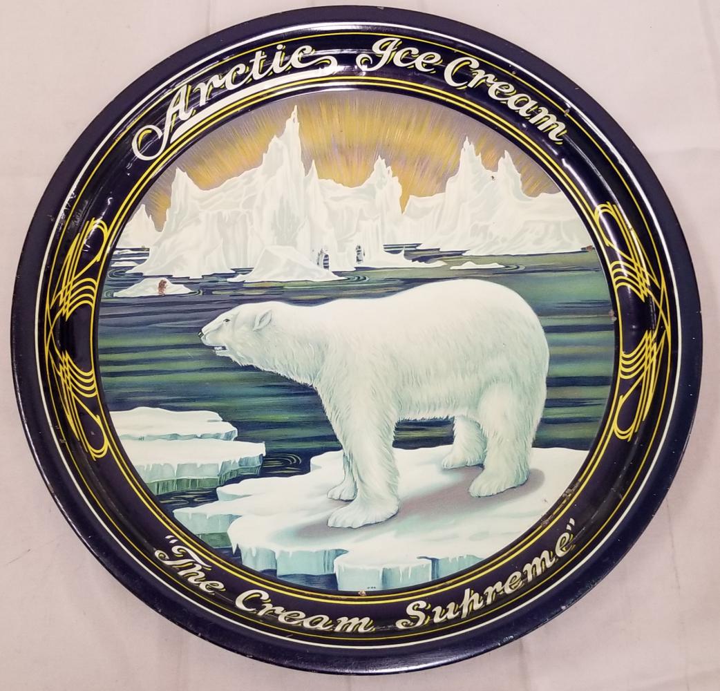 Artic Ice Cream Advertising Tray.: Arctic Ice Cream iconic polar bear serving tray. It shows light wear , with two small spots of paint chipping. Excellent example. 13 5/8 x 13 5/8.