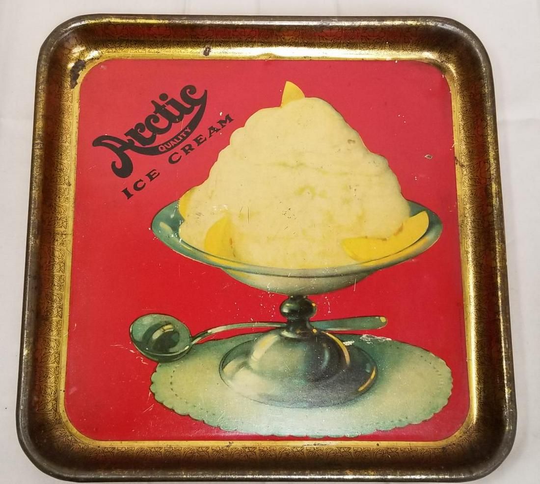 Artic Ice Cream. Square Advertising Tray.: 13 1/2" x 13 1/2" Depicts a Bowl of Ice Cream with a Spoon. Some scratches and light paint loss. Overall a very nice example.