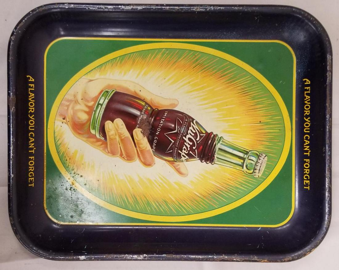 Nu Grape Soda Tray.: 10 1/2" x 13" Edge Wear and surface wear, rust spot in center of bottle.