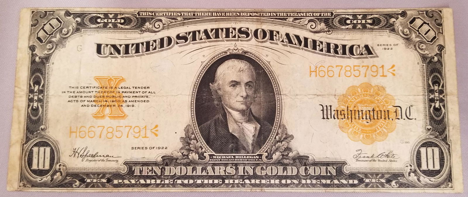 1922 $10 Gold Certificate Bill. (1 of 2)